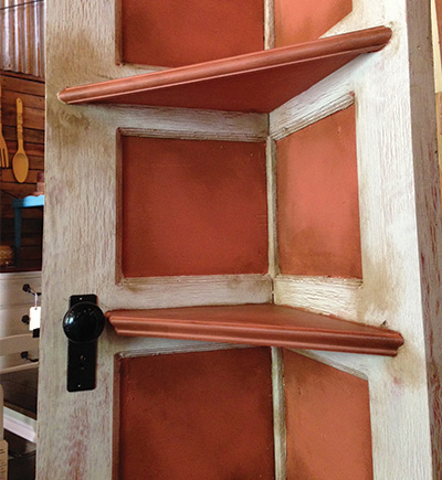 Handcrafted corner door shelf made from reclaimed wood