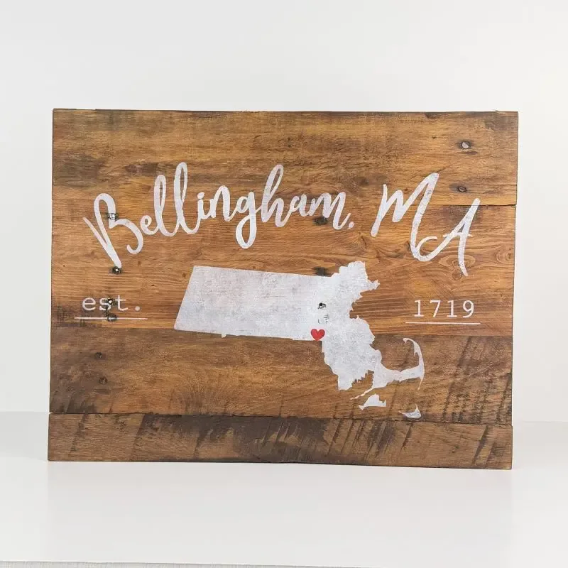 Bellingham, MA | Town and State Sign | Dark Brown Stain