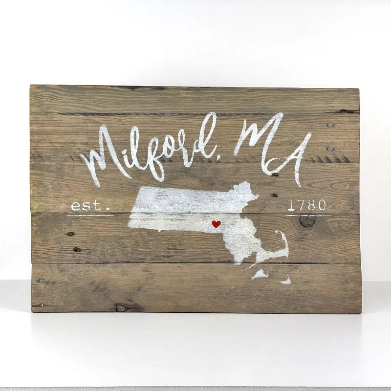 Milford, MA | Town and State Sign | Light Brown Stain
